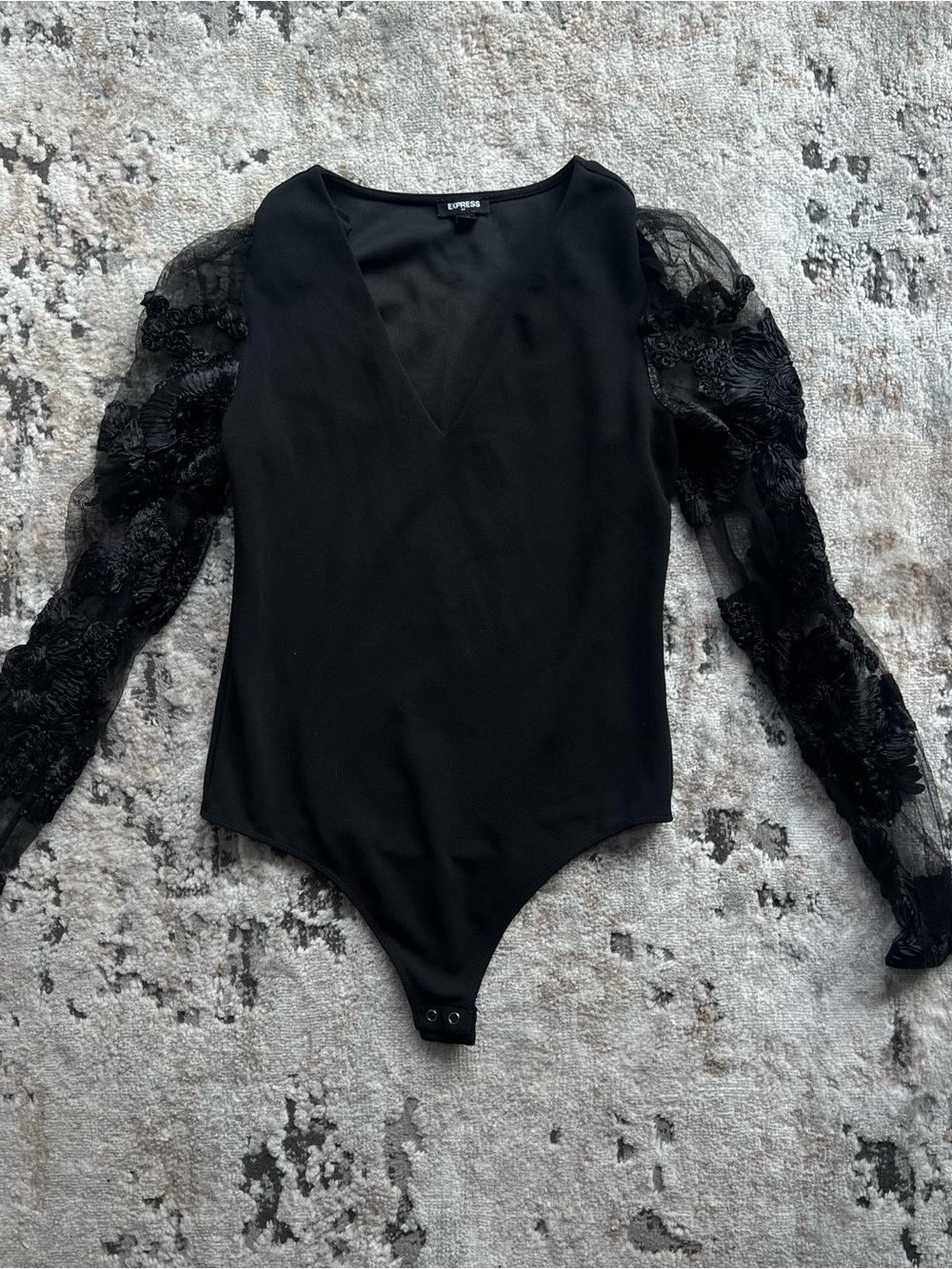 Express Black V-Neck Lace Mesh Sleeve Bodysuit
